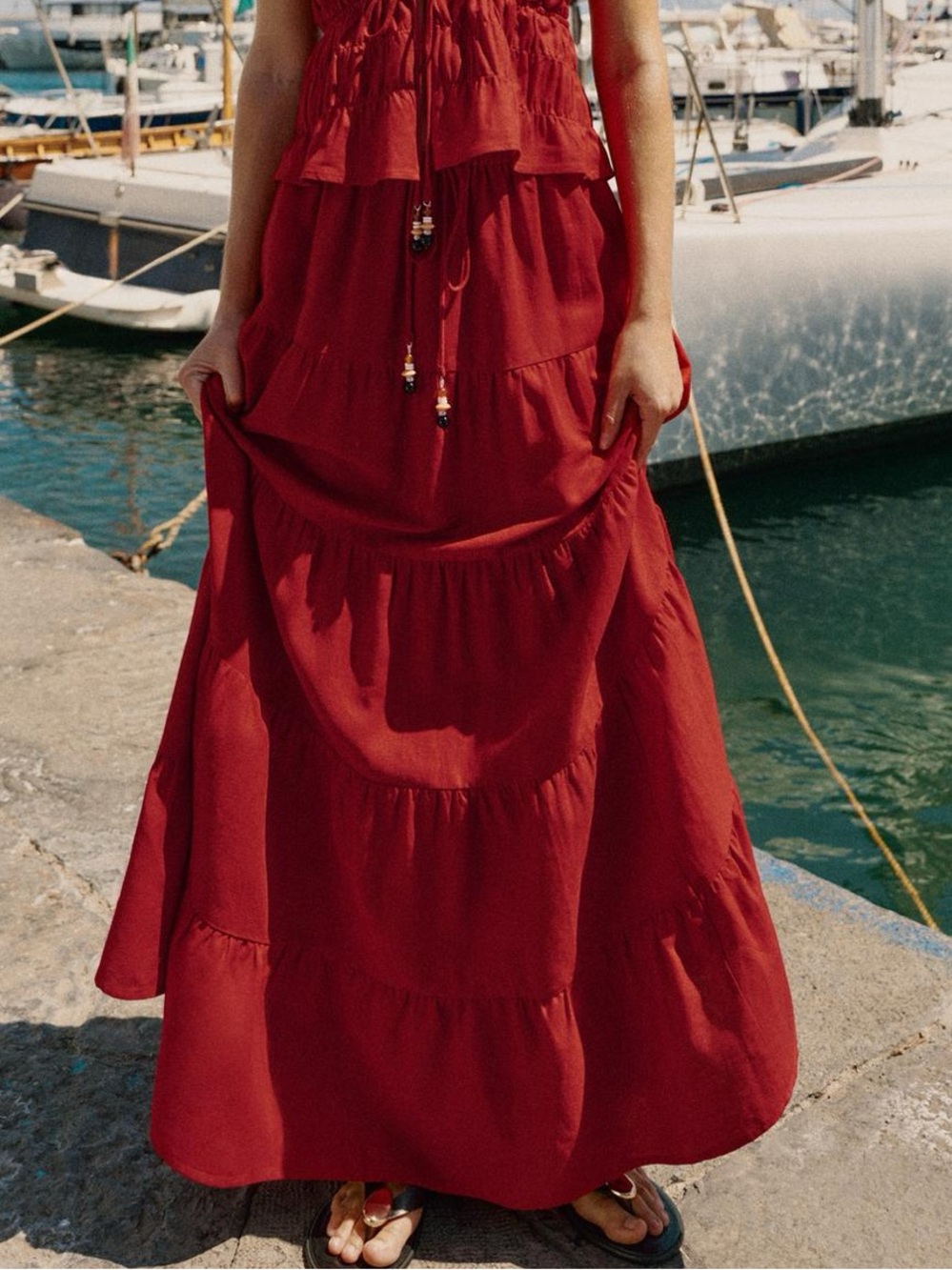 NWT Zara Linen Blend Ruched Maxi Skirt Maroon XS